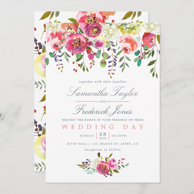 Pink Peach Flowers Wedding Invitation (Front/Back)