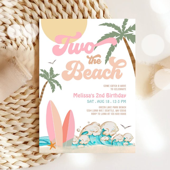 Pink Peach Girl TWO the BEACH Surfing 2nd Birthday Invitation (Creator Uploaded)
