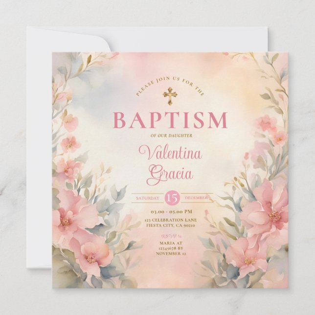 Pink Peach Girl Watercolor Baptism Cross Floral Invitation (Front)