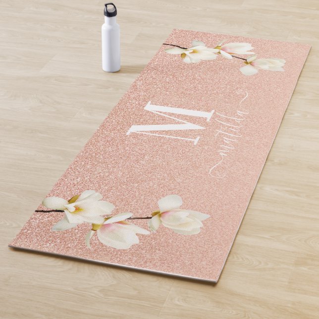 Pink peach girly glitter magnolia floral yoga mat (In Situ)