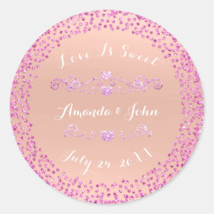 Pink Peach Glitter Save the Date Love is Sweet Classic Round Sticker