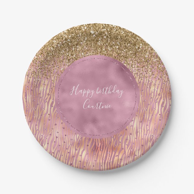 Pink Peach Glitzy Gold Glitter Sparkle Zebra Print Paper Plate (Front)