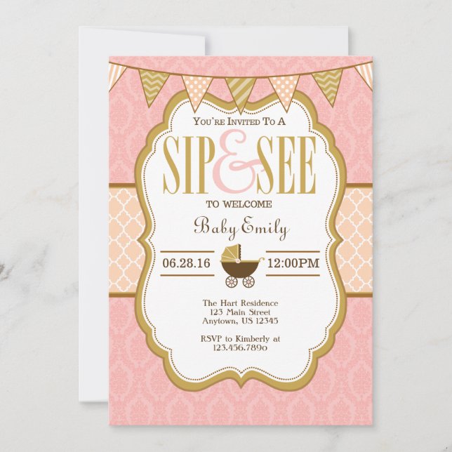 Pink Peach Gold Sip And See Invitation (Front)