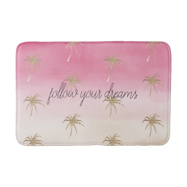Pink Peach Gold Tropical Palm Trees Ombre  Bath Mat (Front)