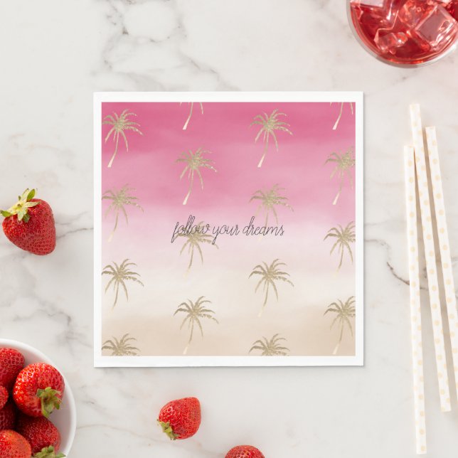 Pink Peach Gold Tropical Palm Trees Ombre         Napkin (Insitu)