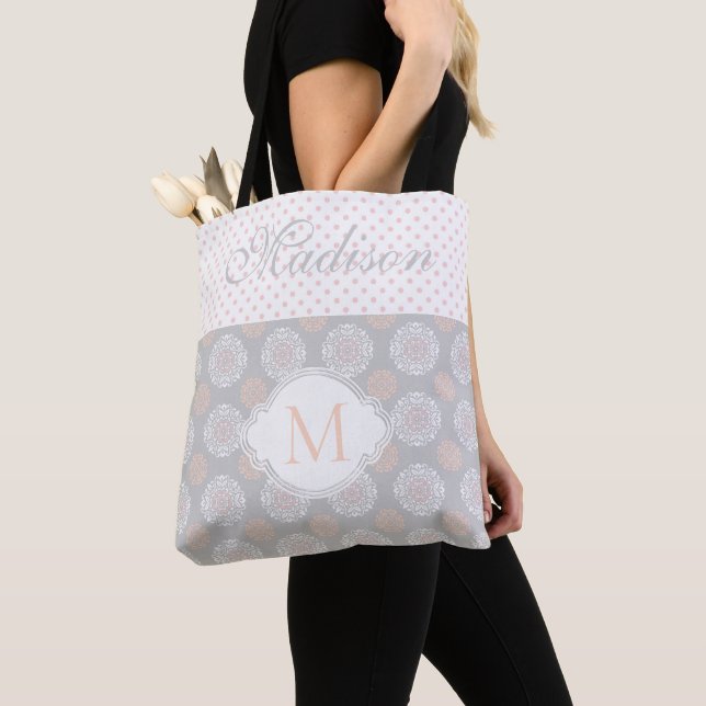 Pink Peach Grey Dots Trendy Initial Monogram Tote Bag (Close Up)