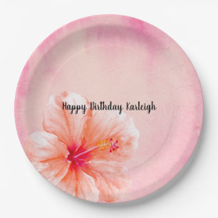 Pink Peach Hibiscus Flower Paper Plate