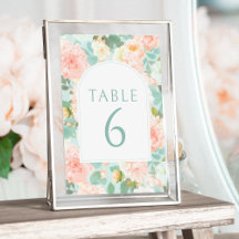Pink Peach Mint Floral Peony Wedding Table Numbers