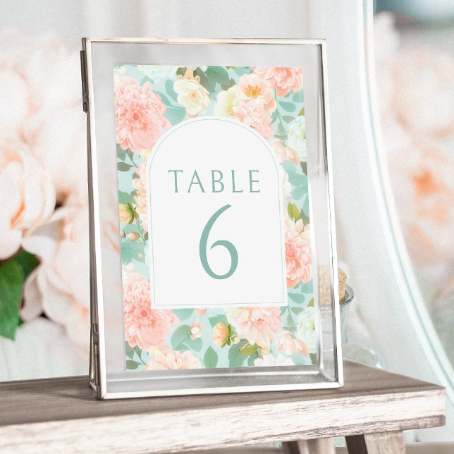 Pink Peach Mint Floral Peony Wedding Table Numbers (Creator Uploaded)