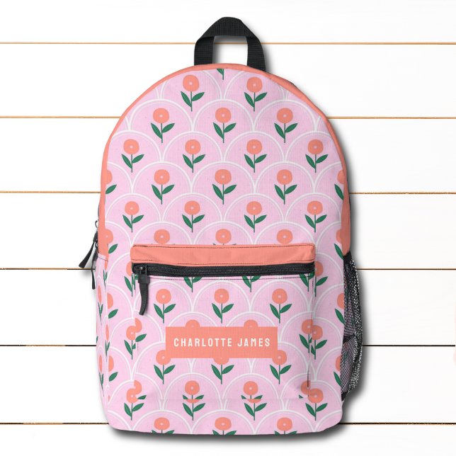 Pink Peach Modern Floral Personalised Name Printed Backpack (Creator Uploaded)