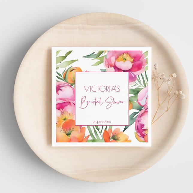 Pink peach orange peonies elegant bridal shower napkin (Pink peach orange peonies elegant summer bridal shower template napkins personalized tableware decor)