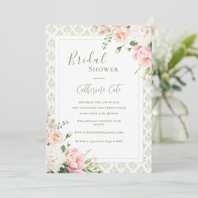 Pink Peach Pastel Floral Elegant Bridal Shower  Invitation (Standing Front)