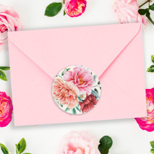 Pink Peach Peonies Burgundy Floral Leaves Classic Round Sticker