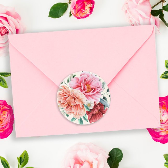 Pink Peach Peonies Burgundy Floral Leaves  Classic Round Sticker (Creator Uploaded)