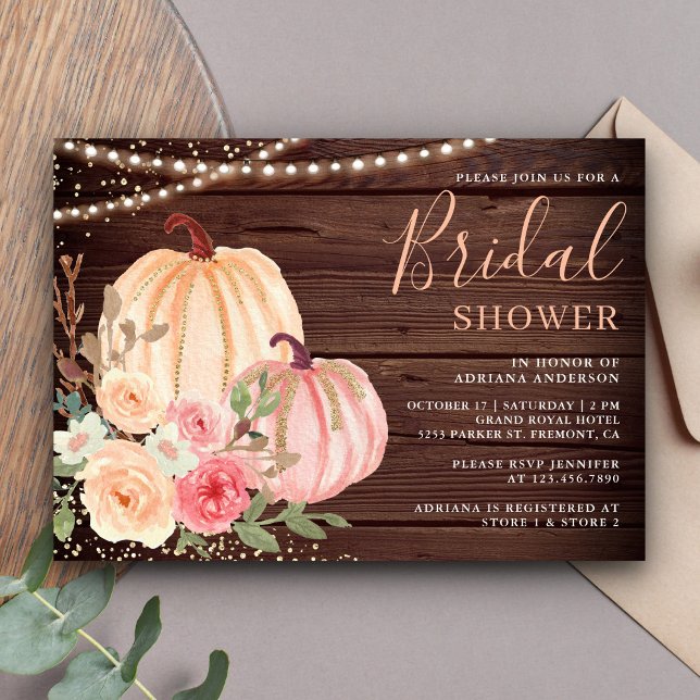 Pink Peach Pumpkin Floral Barn Wood Bridal Shower Invitation (Creator Uploaded)