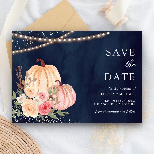 Pink Peach Pumpkin Floral Navy Blue Wedding Save The Date (Creator Uploaded)