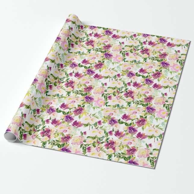 Pink Peach Purple Burgundy Watercolor Floral Wrapping Paper (Unrolled)