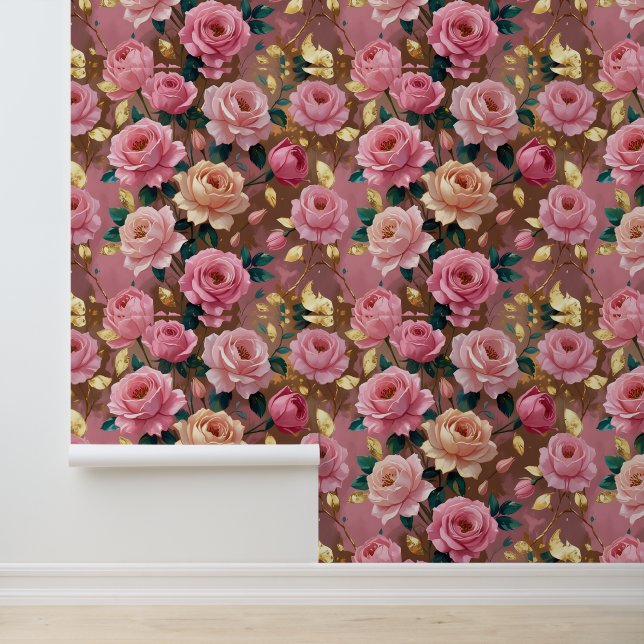 Pink Peach Roses Floral Peel and Stick Wallpaper (Application)