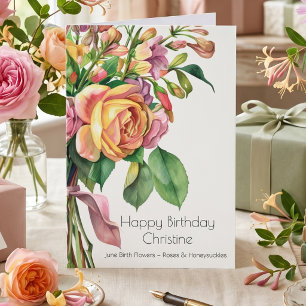 Pink Peach Roses June Birth Flower Happy Birthday Card