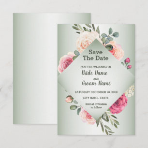 Pink Peach Roses Rustic Green Geometric Save The Date