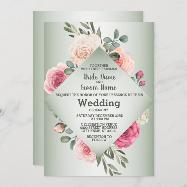 Pink Peach Roses Rustic Green Geometric Wedding Invitation (Front/Back)