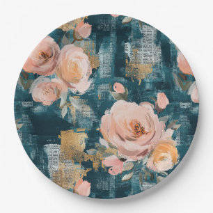Pink Peach Roses Teal Maximalist Floral Paper Plate