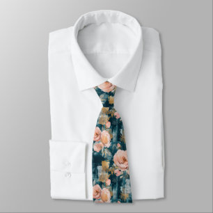 Pink Peach Roses Teal Maximalist Floral Tie