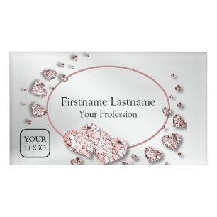 Pink Peach Shiny Hearts Geometric Elegant Name Tag