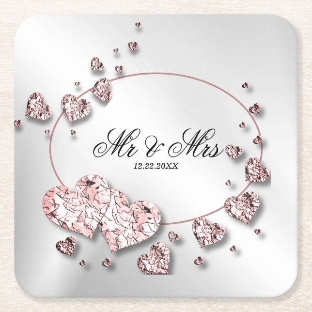 Pink Peach Shiny Hearts Geometric Elegant Square Paper Coaster (Front)