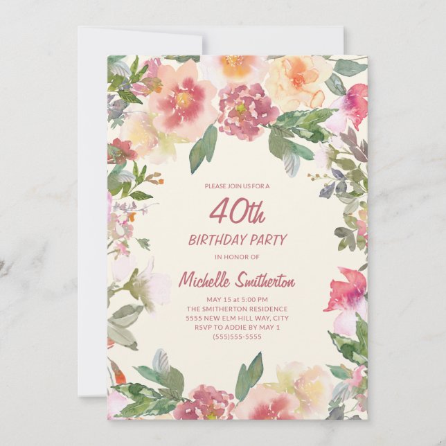 Pink Peach Watercolor Floral 40th Birthday Invitation (Front)