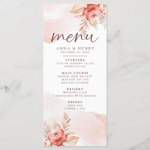 Pink Peach Watercolor Floral Leaves Wedding Menu