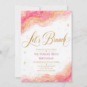 Pink Peach Watercolor Gold Glitter Let's Brunch Bi Invitation