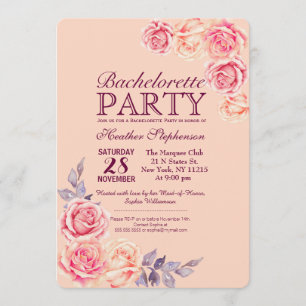 Pink Peach Watercolor Roses Bachelorette Party Invitation