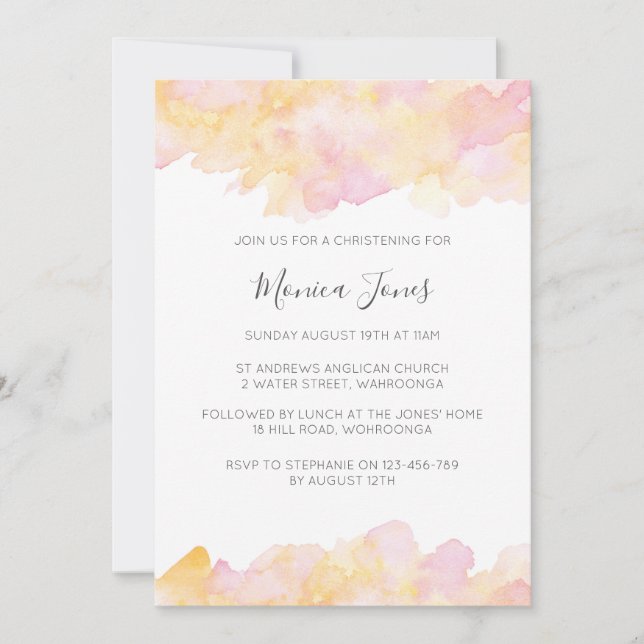 Pink & Peach watercolour Christening invitation (Front)