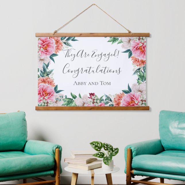 Pink Peach White Floral Peony Engagement Banner Hanging Tapestry (Living Room)