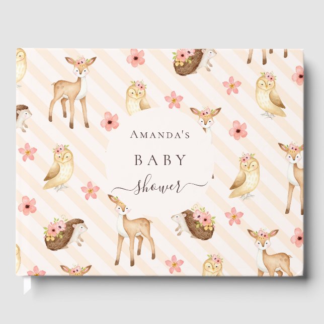 Pink peach woodland animals Baby Shower Guest Book (Front)