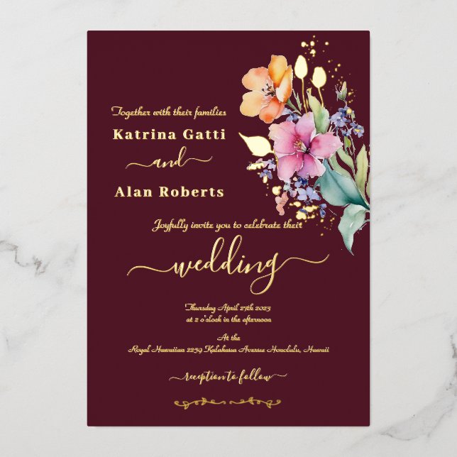 Pink Peach Yellow Blooms Foil Invitation (Front)