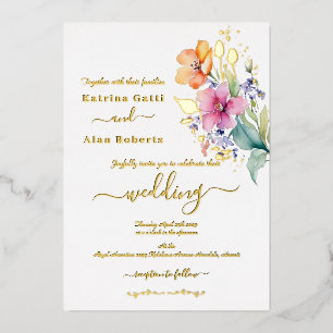 Pink Peach Yellow Blooms Foil Invitation