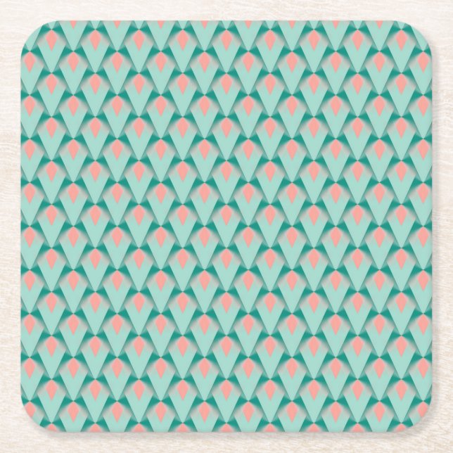 Pink Peach Yukka And Green Art Deco Pattern Square Paper Coaster (Front)