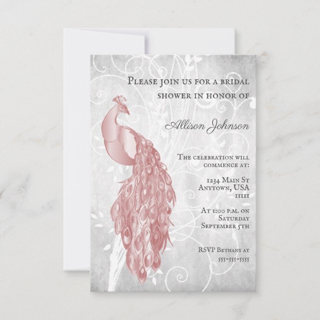 Pink Peacock Bridal Shower Invitation (Front)