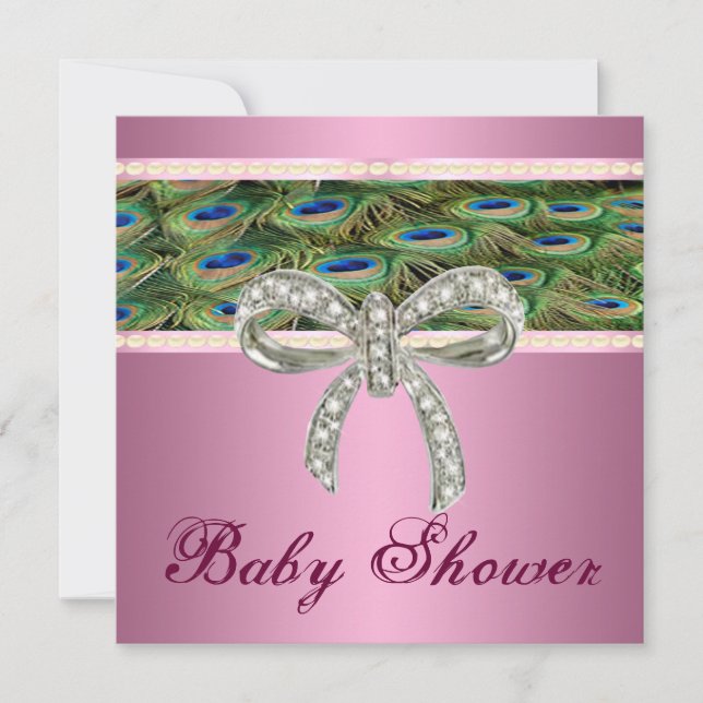 Pink peacock Diamond Bow Baby Shower Invitation (Front)