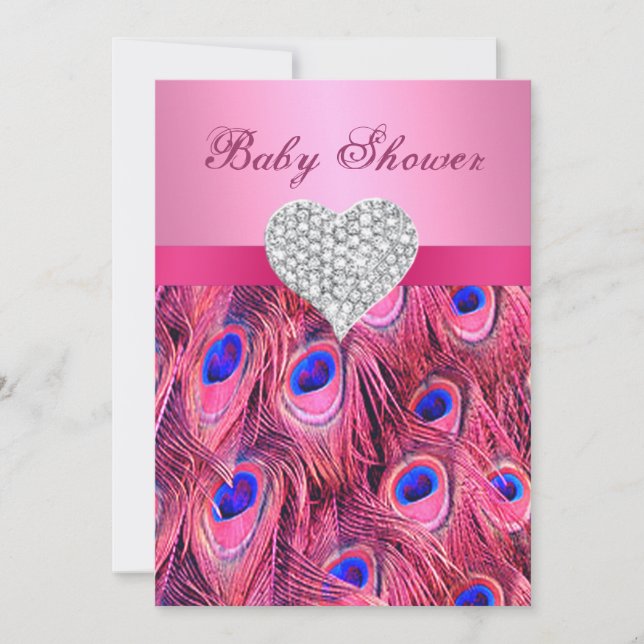 Pink Peacock Diamond Heart Baby Shower Invitation (Front)