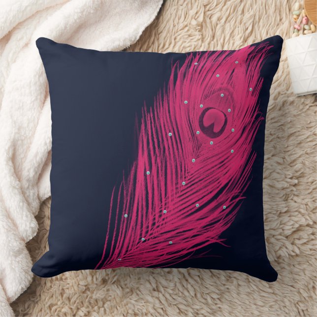 Pink Peacock Feather Navy Almost Black Cushion (Blanket)