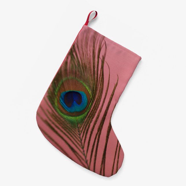Pink Peacock Feather Small Christmas Stocking (Front (Hanging))