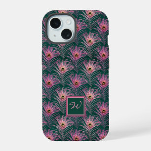 Pink Peacock Feathers and Monogram on Deep Green iPhone 15 Case
