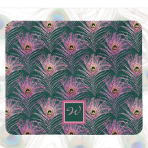 Pink Peacock Feathers and Monogram on Deep Green