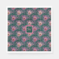Pink Peacock Feathers and Monogram on Deep Green 