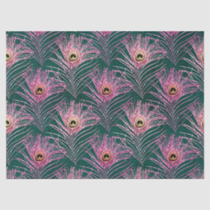 Pink Peacock Feathers on Green Decoupage Tissue Paper