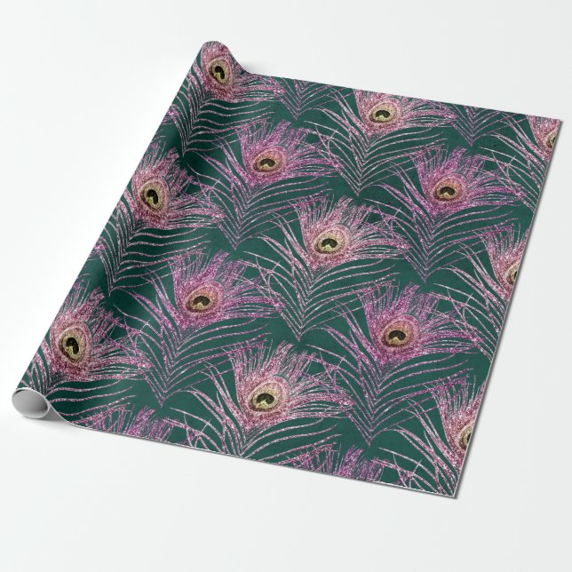 Pink Peacock Feathers on Green Wrapping Paper (Unrolled)