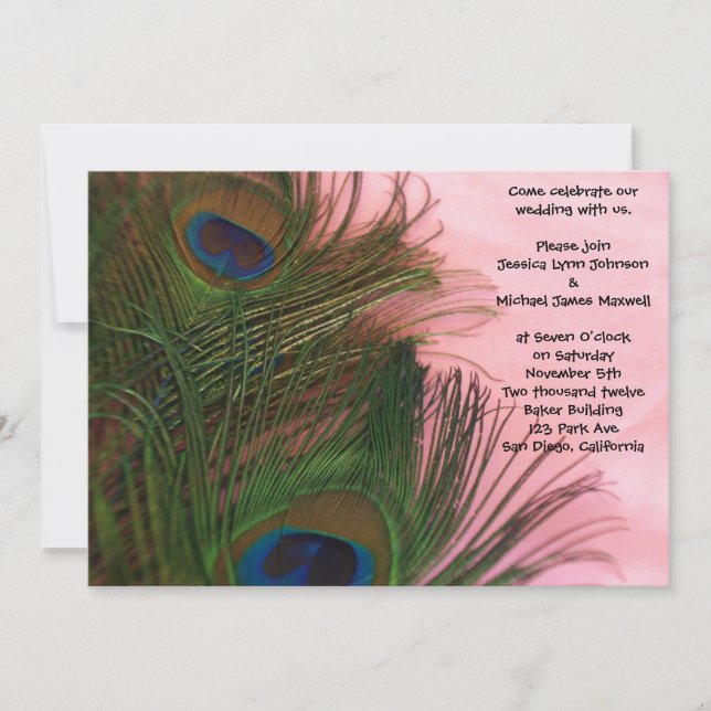 Pink Peacock Feathers Wedding Invitation (Front)